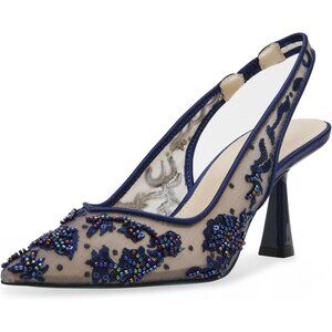 Betsey Johnson Womens Navy Textile Closed Pointed Toe Slingback Nikki Pump